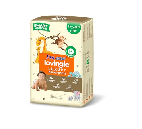 Image of Pro-ease Lovingle Luxury Baby Diaper|Pant Style Diaper for Baby|Diaper M size|2X Absorption*IAdvanced Leakage Protection|Wetness Indicator|Easy Throw Tape|7-12 kg|25(23+2Free) Pieces