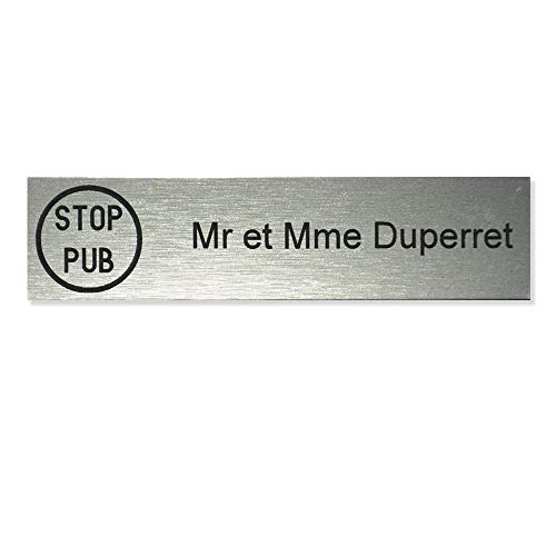 Plaque boite aux lettres STOP PUB format Edelen (99x24mm) gris argent lettres noires - 1 ligne