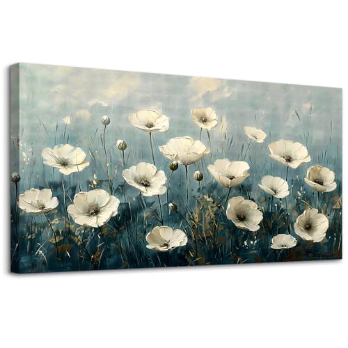 FUHAIHUA Canvas Wall Decor For Bedroom Large Wall Art For Living Room Office Decorations White Flowers Landscape Painting Modern Wall Pictures Aesthetics Posters Ready To Hang Home Decor 24x48 In