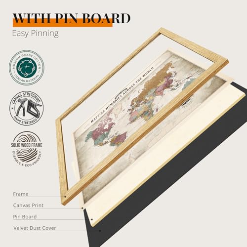 Image of DECORARTS - Personalized World Travel Map with Pins, Custom Name, Pin Board Canvas Wall Art, Soft Vintage Pastel World Decor, Optional Wood Frame, Giclee Print, Handcrafted in USA, 20x16''