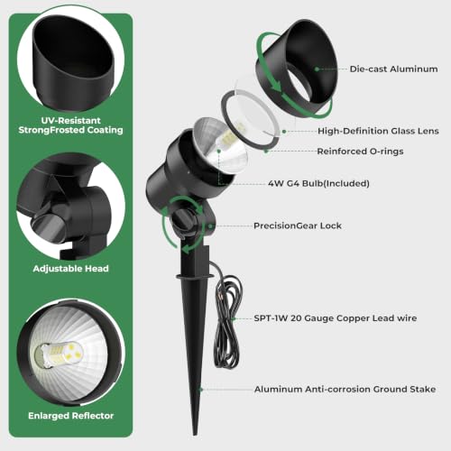 Gardencoin Low Voltage Landscape Spotlight, 12V LED Outdoor Spot Lights with 4W G4 Replaceable Bulb, Wired Waterproof Aluminum Up Lighting Fixture for Yard, Garden, House, Tree, Lawn (6 Pack) by Gardencoin - Used condition - Image 5