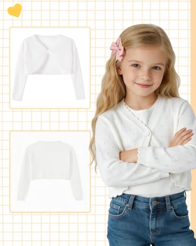 Image of Girls Cardigan, Girls Bolero Shrug Sweater, Kids Knit Hollow Out Long Sleeve, Button Cover Up Cropped Tops