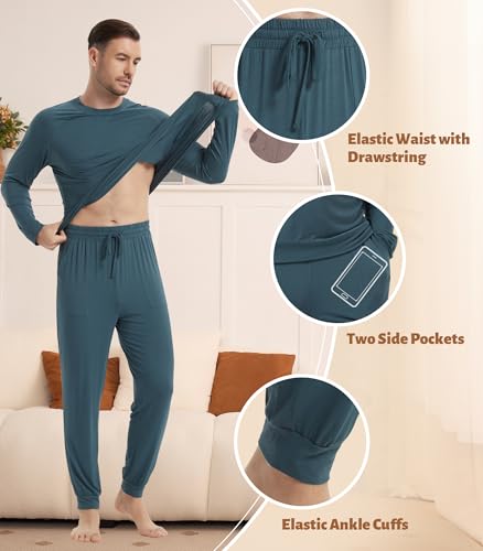 Image of NACHILA Mens Pajamas Set Long Sleeve Henley Sleepwear Top Soft Jogger Pants Pajamas Cool Pjs Set,Viscose Made from Bamboo