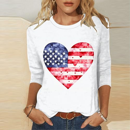Image of Fourth of July Shirts for Women 3 /4 Sleeve Summer Tops American Flag Print T Shirt Patriotic 4th of July Shirts 2025