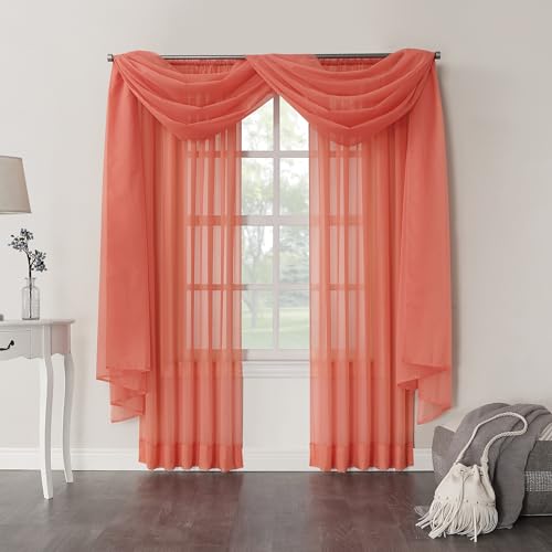 Image of No. 918 Emily Sheer Voile Rod Pocket Curtain Panel, 59 inch x 63 inch, Coral