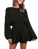 Quenteen Womens Lantern Sleeve One Pieces Outfits Crewneck Tie Waist Chunky Sweater Jumpsuit Overall...