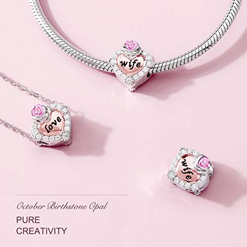 October Birthstone Charms for Pandora Charms Bracelet 925 Sterling Silver Rose Gold Wife Heart Love Bead Charms Tourmaline Rose Flower Happy Birthday Charms for Necklace - Thumbnail 4