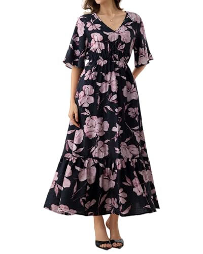Image of Women's Summer Short Sleeve Maxi Floral Flowy Dresses with Pockets