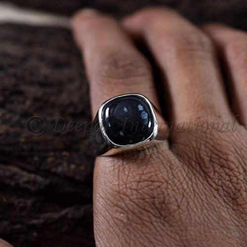 Snowflake Obsidian Ring, Natural Jewelry, Cushion Men's Obsidian Statement Ring, Obsidian Ring, Speckled Stone Ring, Sterling Silver Ring #TOP4