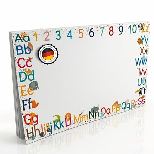 Vade de escritorio para niños XXL, 60 x 42 cm, 25 hojas, bloc de alfabetos y números, bloc de papel A2, para niñas y niños, base de escritorio, fabricado en Alemania