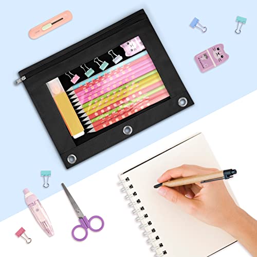 Sooez Pencil Pouch for 3 Ring Binder, 2 Pack Binder Pencil Pouch with Clear Window Pencil Bags with Zipper & Reinforced Grommets, Pencil Case for Binder Black & Black - Thumbnail 7