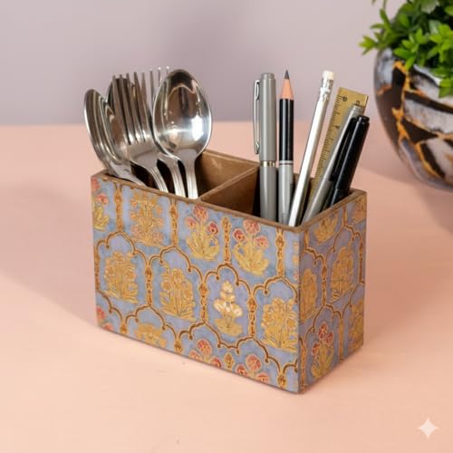 Image of Wooden Kitchen Cutlery Holder with 2 Compartments | Cutlery Stand for Dining Table | Spoon Stand | Black