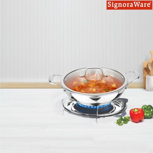 Image of Signoraware Artista Tri Ply Stainless Steel Shallow Kadhai 24cm with Glass Lid | Induction & Gas Compatible | Durable | Ideal for Stir Frying & Sauteing | Best for Curry & Gravies (2.5 LTR | Steel)