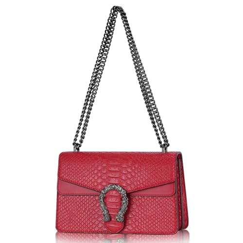 Image of Crossbody Shoulder Square Purse For Women - Fashion Embossed Snake-Print Leather Handbag Metal Chain satchel Tote Bag