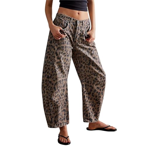 Sawmew Vaqueros Holgados para Mujer Estilo Novio Pierna Ancha Vintage Tiro Medio Pantalones Tobilleros de Mezclilla Vaqueros con Estampado de Leopardo para Mujer Vaqueros Marrones Y2K(S)