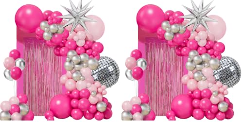 Image of Hot Pink Balloon Garland Arch Kit (Pack of 2) | Pink silver Chrome Balloons with Silver Disco Ball Explosion Star Balloon for Women Birthday Party Valentine's Day Bridal Sho