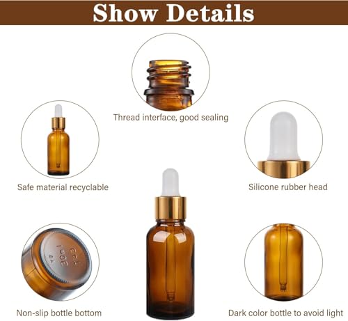 Image of Amber Glass Bottles with Dropper(30ml x 12Pcs) - Gold Ring | White Silicon Teat | Ideal for Essential Oils, DIY Oil Blends, Perfumes, Cosmetics, Beauty Products (Pack of 12)