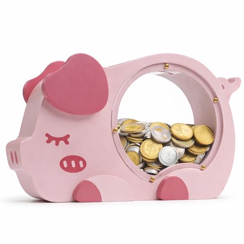 Image of Wooden Piggy Bank for Kids, Cute Money Bank for Girls, Clear Coin Bank with Plug, Wood Kids Bank Toy Unbreakable Money Box, Personalized Gift for Children Birthday Christmas and Decor