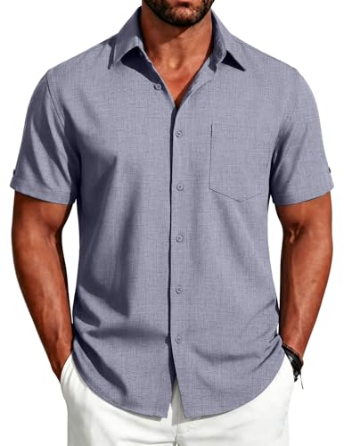 Image of COOFANDY Men's Button Down Shirts Short Sleeve Casual Shirts Summer Beach Linen Shirts with Pocket