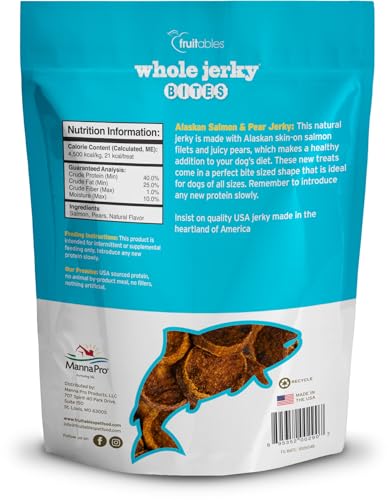 Fruitables Wholesome Canine Treats – Entire Jerky Bites for Canines – Alaskan Salmon & Pear Flavored – 5 Ounces Fruitables Wholesome Canine Treats – Entire Jerky Bites for Canines – Alaskan Salmon & Pear Flavored – 5 Ounces