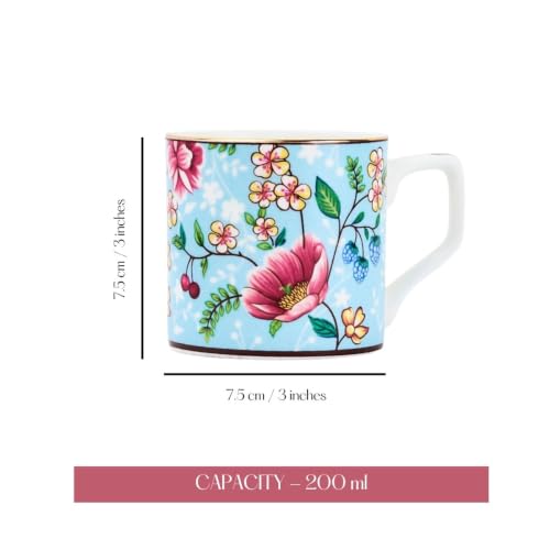 Image of GOLDEN QUEEN'S Handcrafted Tea Cups - Set of 6 | Ideal for Everyday Tea and Coffee, Enhancing Your Daily Rituals (Blush Blossom in Blue)
