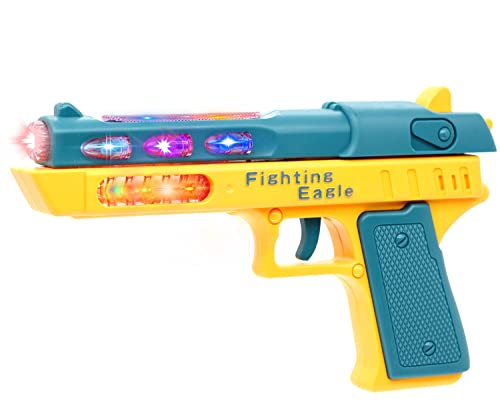 Light Up Pistol Toy - Hand Gun Toys with Dazzling Electric LEDs Light & Fighting Sound & Unique Telescopic Action, Great Party Favor, Gifts for Boys and Girls (Batteries Not Included) (Green/Yellow)