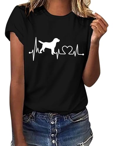 Lonya Tshirt Damen Sommer Oberteile Tops Kurzarm Rundhals Basic Lässig Shirt Bedrucken Lassen Schwarz Tee Shirts Welpe,M