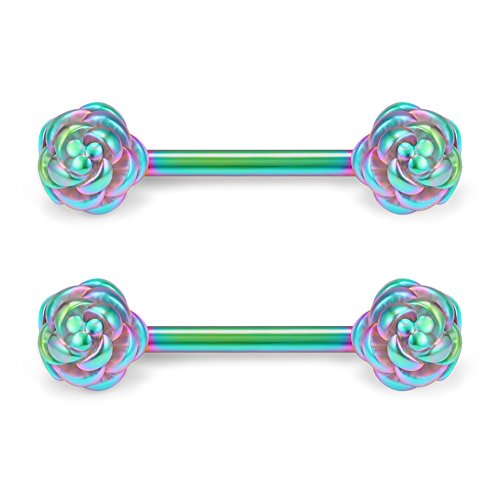 Ruifan 316L Stainless Steel Vintga Flower Rose Nipple Shield Barbell Ring Bar Body Piercing 14G 2PCS - Rainbow