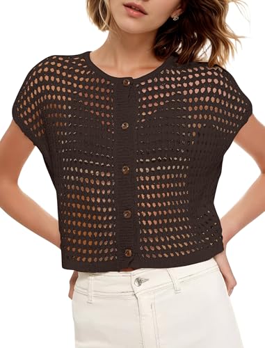 Ythomm Womens Short Sleeve Sweater Tops Round Neck Hollow Out Crochet Knit Cardigans Summer Casual Button Up Blouse Shirts