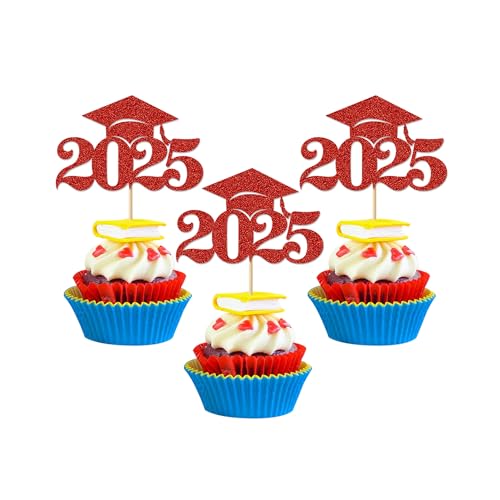 Graduation Decorations 2025-24Pcs Red Glitter 2025 Graduation Cap Cupcake Toppers for Class of 2025 Party Decorations