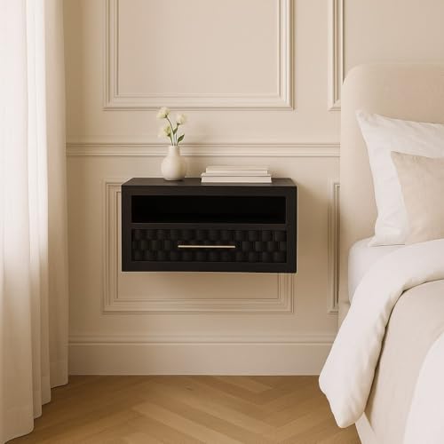 RiouPsithuric Mueble Flotante Moderno Mesita de Noche de Pared de Madera Maciza Arno, Acabado en Terciopelo Negro Moca, 1 Estante, 1 cajón, 100% Madera Maciza de Mango, mesita de Noche Flotante
