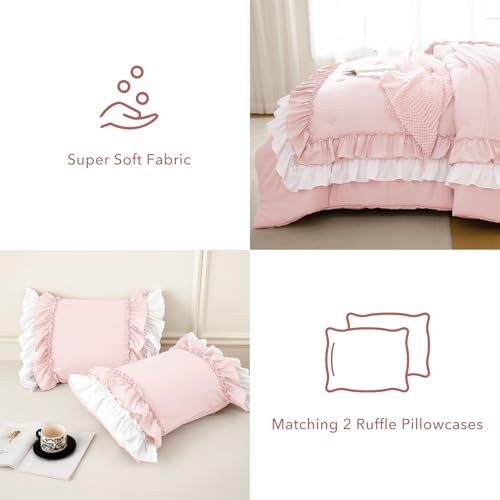 Image of QSH 3PCs Blush White Ruffled Comforter Queen Size,Farmhouse Shabby Boho Chic Ruffle Bedding Comforter Set Queen French Country Vintage Rustic Comforter Set Lightweight Soft Microfiber Fluffy Bedding