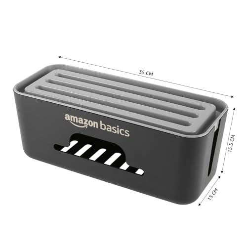 Image of Amazon Basics - Cable Management Box with Mobile Stand - Power Strip, Cords, Wires | Surge Protector Hiding Cover Organizer for Home, Office (Black)