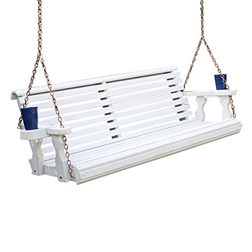 Amish Casual Heavy Duty 800 Lb Roll Back Treated Porch Swing with Hanging Chains and Cupholders (4 Foot, Semi-Solid White Stain)