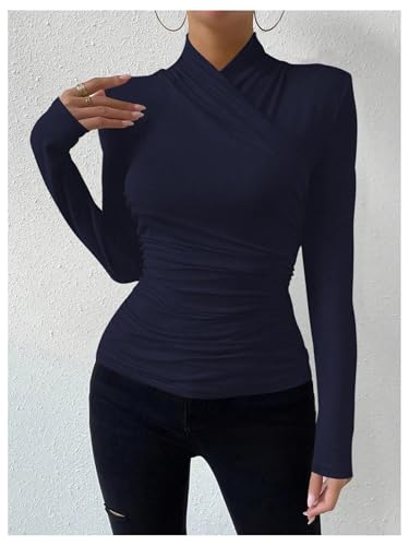 Image of SweatyRocks Women's Ruched Mock Neck Long Sleeve T Shirt Solid Slim Fitted Tee Tops