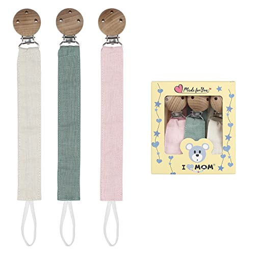 RUBY Schnullerkette Stoff Set,Schnullerband Baumwolle,Cotton Schnullerkette MäDchen und Schnullerkette Junge,Schnullerketten mit Buchenholz Clip (Grün-1)