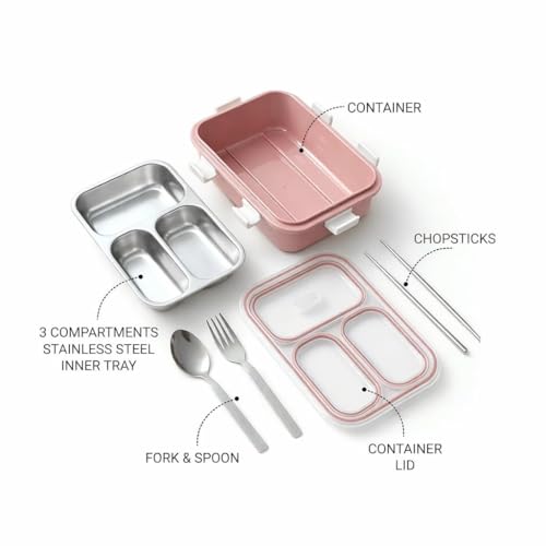 Image of Sanghariyat 3 Compartment Lunch Box Insulated Air Tight and Portable Utensils, Stainless Steel 100% Leak Proof Lunch Containers with Fork Spoon and a Pair of Chopsticks for School Kids -750Ml (Pink)