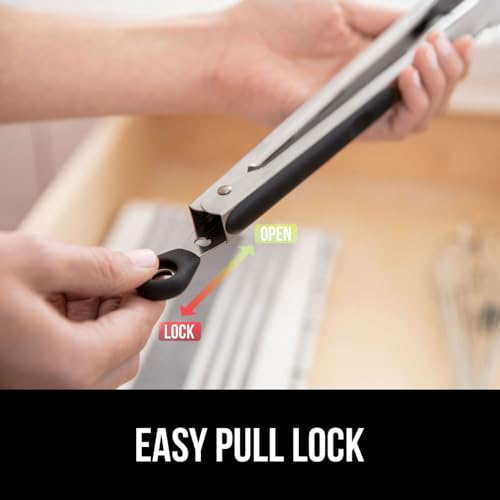Image of GORILLA GRIP Stainless Steel Heat Resistant Kitchen Tongs for Cooking, 7 + 9 + 12 Inch Set of 3 BBQ Tong, Non Scratch Silicone Tip for Pans, Strong Grip, Grab Food, Toss Salad, Pull Lock, Black