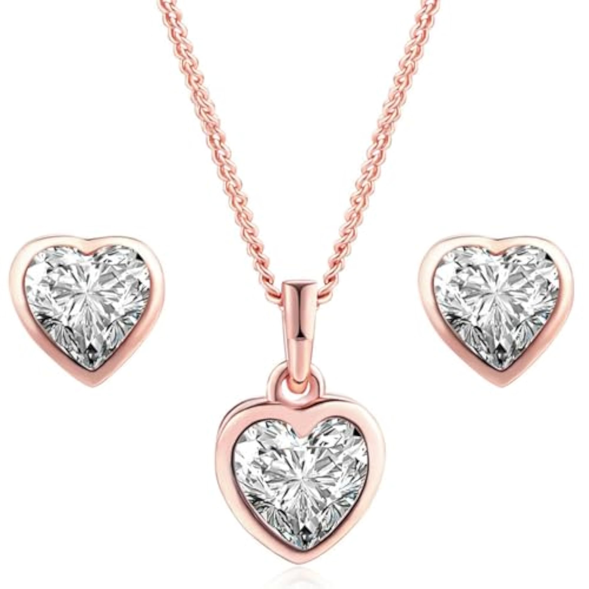 Heart Shape Cubic Zirconia Pendant Chain Stud Earrings Set