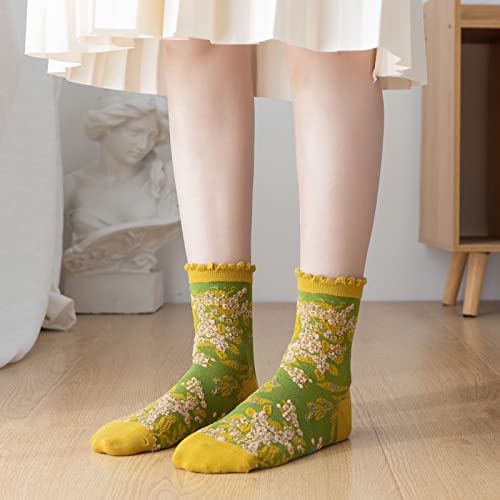 Image of DXYAKY 5 Pairs Womens Floral Cotton Socks Vintage Patterned Crew Socks Novelty Ankle Ruffled Warm Casual Dress Socks