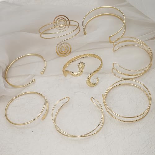 YVVLEE 8PCS Gold Silver Arm Cuff Jewelry for Women Arm Layered Cuff Gold Bangles Adjustable Coil Swirl Armlet ArmBand Stackable Jewelry Minimalist Coil Arm Armband Set 6