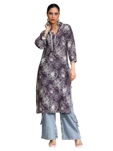 Kurta en coton violet respirant et léger Varanga avec col en V fluide