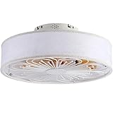HUOGME 20' Caged Ceiling Fan with Light : Embroidery Modern Low Profile Fabric Shade Remote Control Flush Mount Enclosed Ceiling Fan with Light for Bedroom Living Room Kitchen Indoor (White)