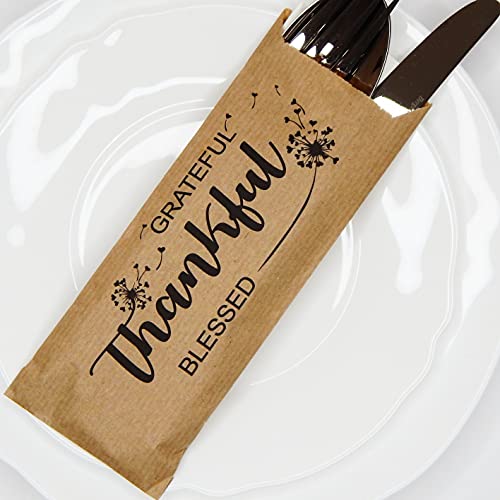 Thankful Grateful and Blessed Silverware Bags - Utensil Holders For Thanksgiving Table Decoration - Rustic Kitchen Decor - Autumn Harvest Decorations - Pocket Sleeves - Flat 2.8