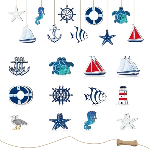 FULHANY 24 peças ornamentos suspensos de decoração marinha, decoração náutica pendente de parede, decoração marinha mediterrânica estrela do mar / farol/âncora/barco, para decoração de parede da casa