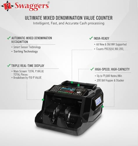 Image of swaggers Mix Value Note Counting Machine with Touch Panel & Advanced Fake Note Detection, Used in Banks, Offices, Hotels, Hospitals, Schools, Colleges, Retails Shops, Jewellery Shops etc.