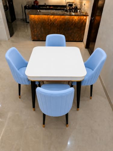 Image of WOODEN SPACE 4 Seater Wooden Dining Table Set | Urban Marble Top Dining Table with Chairs for Dining Room & Kitchen (Modern Infinity Backline Sky Blue) (42 x 42 x 30 inch)