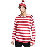 Wildarms ¡Disfraz Completo de Wally! Camisa Rayas Roja/Blanca + Gafas + Sombrero - Triunfa en Halloween, Cosplay y Fiestas Adultas (L/XL)