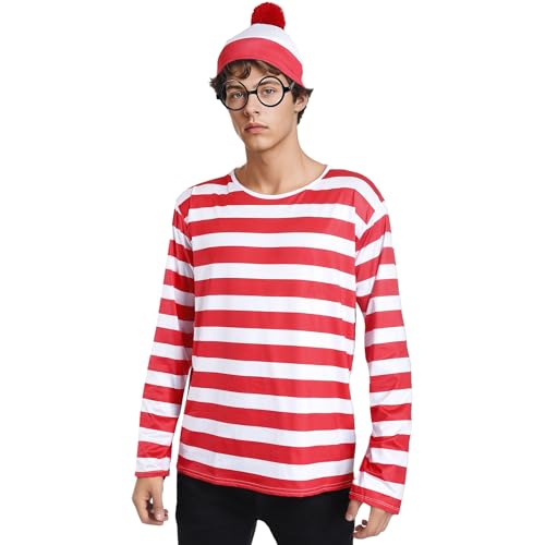 Wildarms ¡Disfraz Completo de Wally! Camisa Rayas Roja/Blanca + Gafas + Sombrero - Triunfa en Halloween, Cosplay y Fiestas Adultas (S/M)