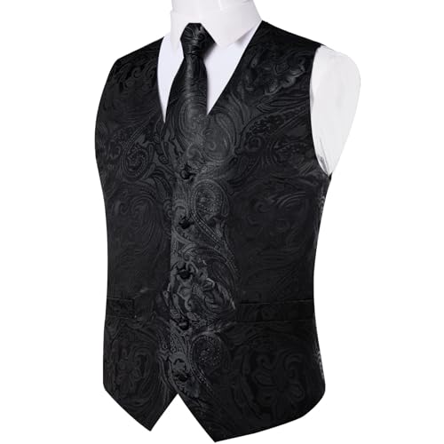 DiBanGu Mens Paisley Vest Tie Set with Lapel Pin Tie Clip 7PCS Silk V-Neck Suit Waistcoat and Necktie for Tuxedo Wedding, Black, 3X-Large4